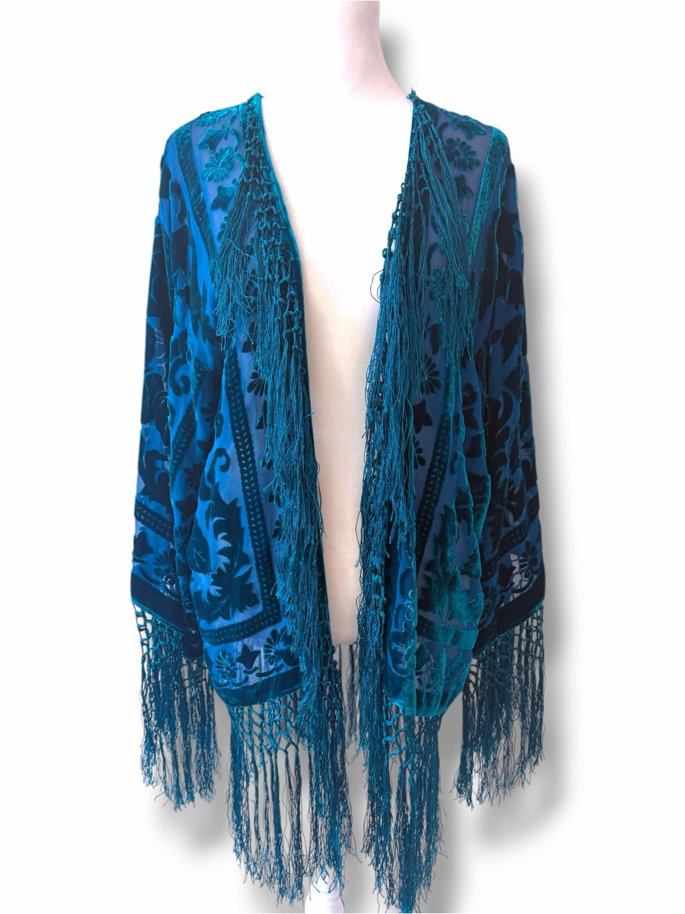 Maya Boutique Turquoise Teal Silk Burnout Velvet Kimono MSRP $400 - Picture 11 of 16